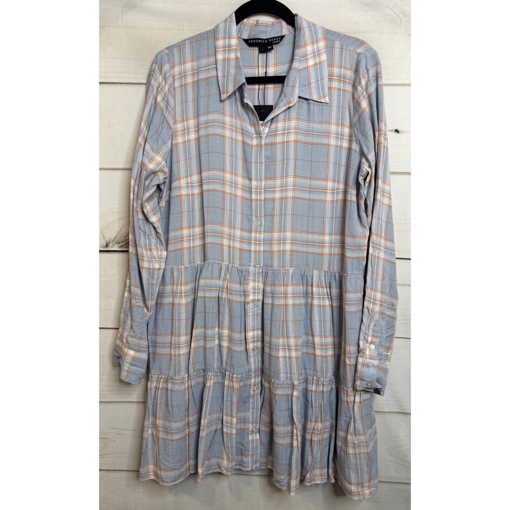 Veronica Beard Jeans Jemila‎ Shirtdress Vapor Multi Plaid Tiered Mini L Boho